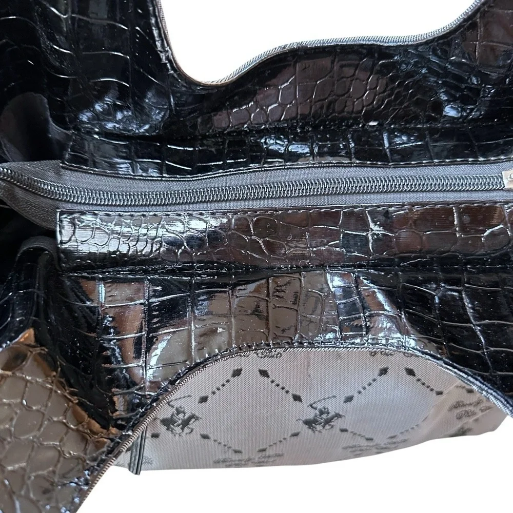 Beverly Hills Polo Club Womens Shoulder Bag Grey Black Monogram Studded Purse